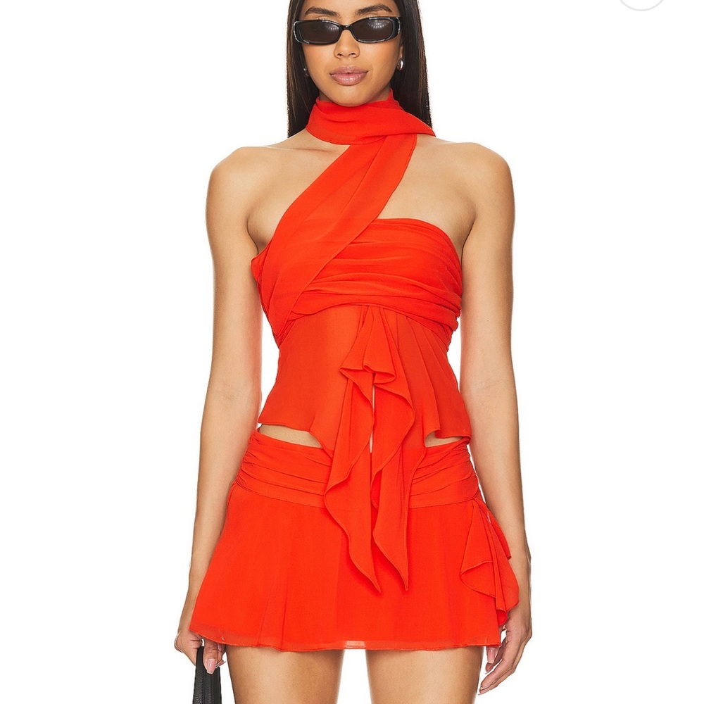 Guizio chiffon wrap around top & skirt in poppy